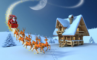 Santa sleigh snow cabin reindeers - a santa claus sleigh free wallpaper