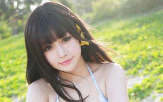 Woman long hair flower field - long hair and a flower free wallpaper