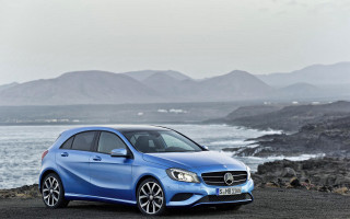 Blue mercedes beach ocean mountains - free cars wallpaper