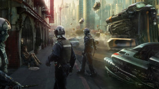 Futuristic city group car truck - a futuristic city in the background free wallpaper for desktop