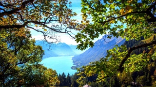 Hill lake mountains bench autumn - a lake and mountains free wallpaper