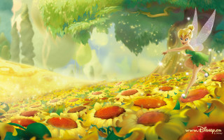 Cartoon tinkerbell sunflowers field tree - free spring wallpaper for desktop