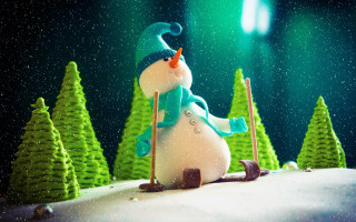 Snowman skis green scarf photorealism - his foot free wallpaper