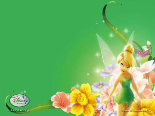 Cartoon tinkerbell flowers green background - back free wallpaper