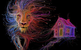 Lion house foreground background psychedelic - digital art free wallpaper for desktop