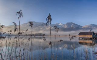Lake mountain fog reeds house - the air above free wallpaper