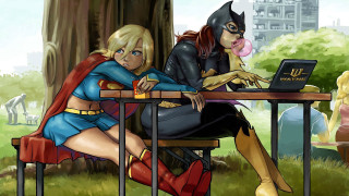 Woman laptop costume park bench - western comic book art free wallpaper