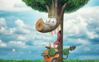 Cartoon guitar tree sky clouds - funk art free wallpaper for desktop