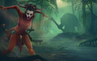 Woman red costume dancing forest - art of brom free wallpaper