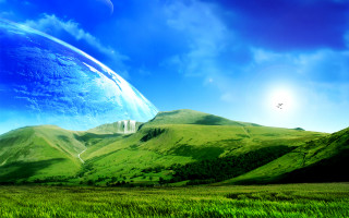 Green mountain bird clouds planet - a green mountain free wallpaper