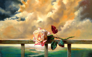 Rose wooden railing cloudy sky - oil painting free wallpaper for desktop