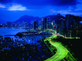 City skyline river night green - a green light free wallpaper for desktop