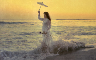 Woman white dress umbrella ocean - brooke shaden free wallpaper