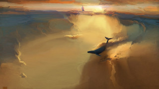 Whale ocean sunset bird fantasy - volumetric light free wallpaper for desktop