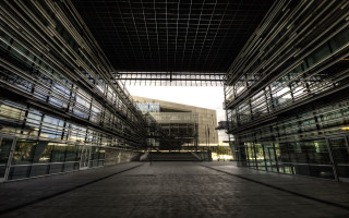 Large building glass front door - a walkway free wallpaper