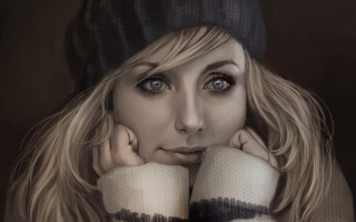 Blue eyes hat portrait woman - photorealistic portrait free wallpaper