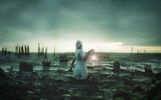 Woman white dress ocean rocks - brooke shaden free wallpaper