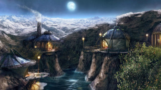 Fantasy mountain river bridge hut - a fantasy scene free wallpaper