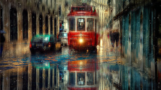 Red trolley cityscape night snow - a tall building free wallpaper for desktop
