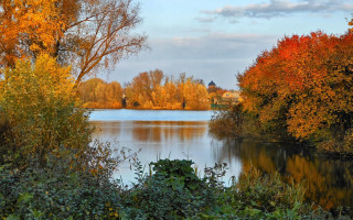 Lake trees clock tower autumn - a clock tower in the distance free wallpaper