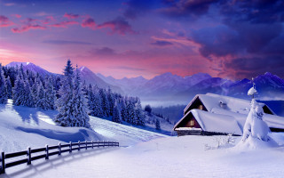 Snowy mountain scene cabin fence - beautiful landscape free wallpaper