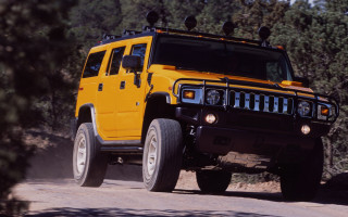 Yellow hummer dirt road woods - the background and a person free wallpaper