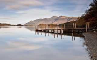 Lake dock mountains clouds trees - a long dock free wallpaper for desktop