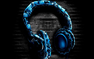 Headphones brick wall blue gear - a brick wall behind free wallpaper