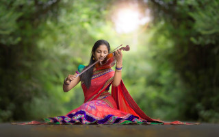 Woman red dress violin forest 2 - the background and sunlight free wallpaper