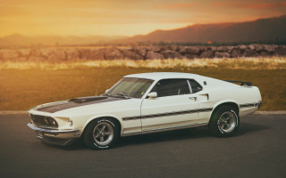 White mustang mountain sunset desert - photoreal free wallpaper