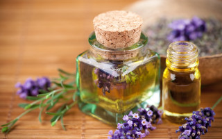 Lavender oil bottle flowers blurry - product photography free wallpaper