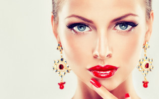 Woman red lipstick earrings shushing - a finger free wallpaper
