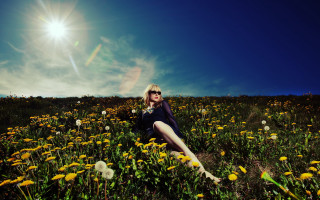 Woman sitting flower field sun - andrew boog faithfull free wallpaper for desktop