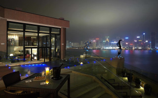 Cityscape glassrailing nightlights neon skyscraper - a glass free wallpaper for desktop