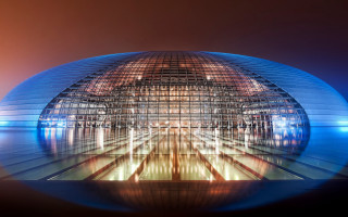 Futuristic blue dome building hologram - roof free wallpaper