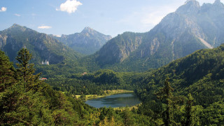 Lake mountains trees house blue - alen divi free wallpaper