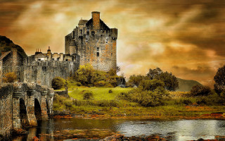 Castle bridge river cloudy sky 2 - a painting of a castle free wallpaper