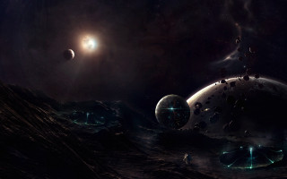 Space astronaut moon aurora city 2 - matte painting concept art free wallpaper for desktop