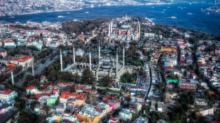 City trees water architecture fisheye - the middle of it free wallpaper