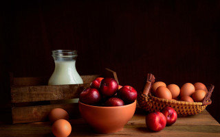 Bowl apples eggs milk basket - a still life free wallpaper