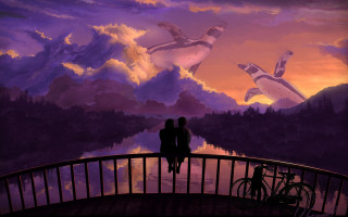 Couple bird painting sunset bicycle - a painting of birds free wallpaper
