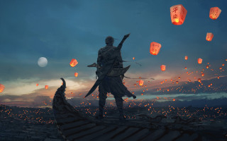 Man hill sword lanterns dusk - arthur pan free wallpaper