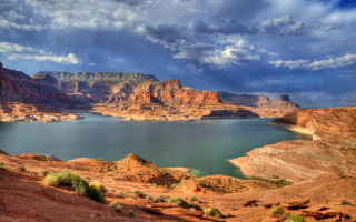 Lake mountains cloudy sky bushes - mountain under a cloudy sky free wallpaper