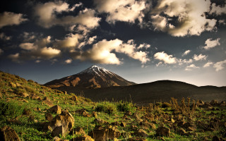 Mountain snowcap cloudy sky forest - peak in the distance free wallpaper for desktop