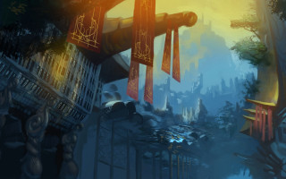 City clocktower fantasy matteart league - a painting of a city free wallpaper