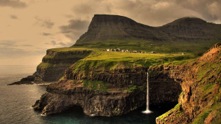 Waterfall cliff ocean house landscape - bascove free wallpaper for desktop