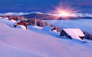 Snowy mountain house sun cloudscape - beautiful landscape free wallpaper