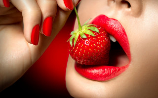 Woman rednails strawberry lip holding - her lip free wallpaper