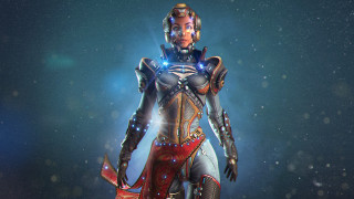 Futuristic woman astronaut blue sky - warframe armor free wallpaper