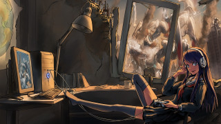 Woman computer headphones volcano background - a monitor free wallpaper